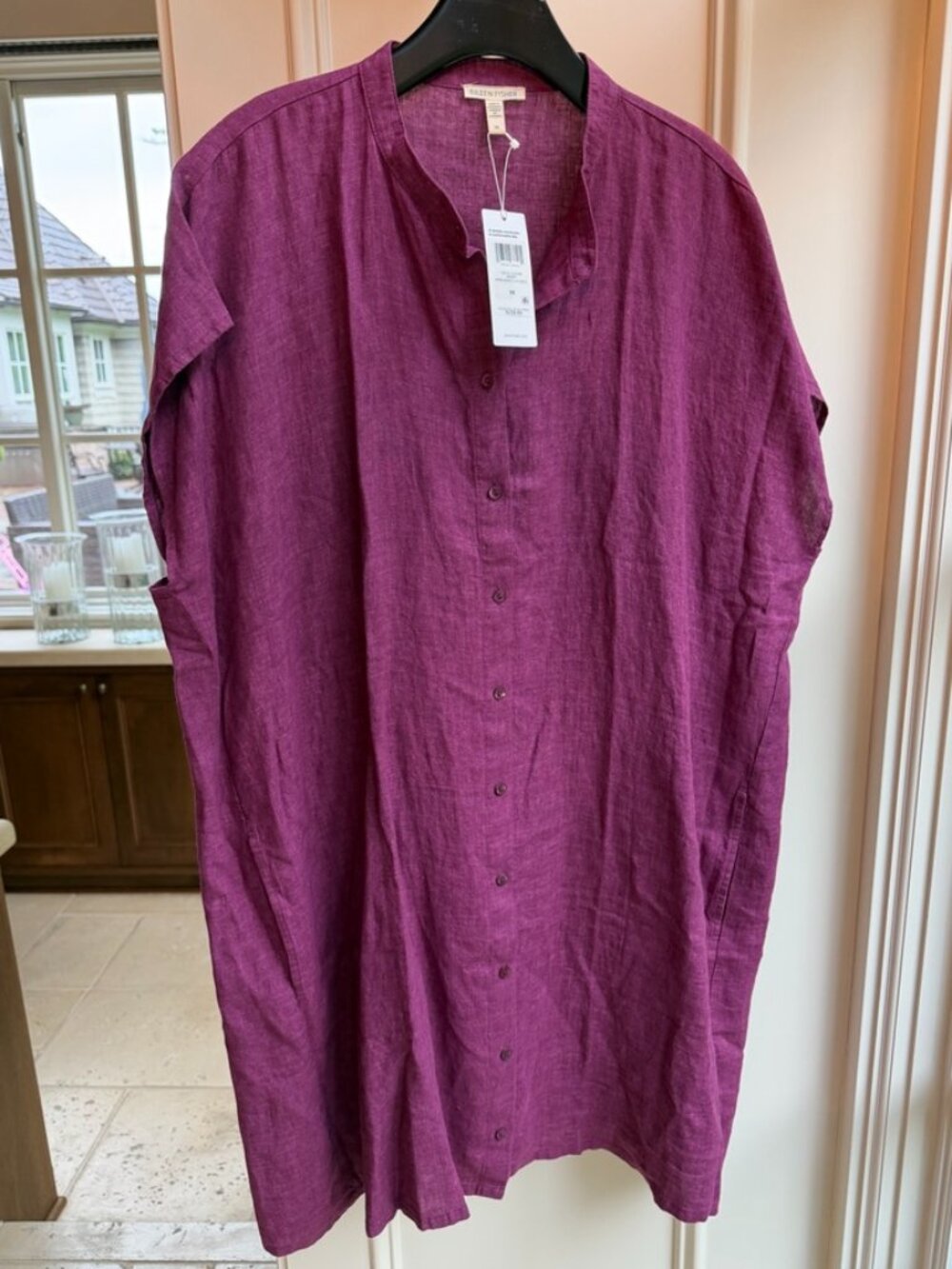 NWT- Eileen Fisher Mandarin Collar, Cap-Sleeved Organic Linen Dress